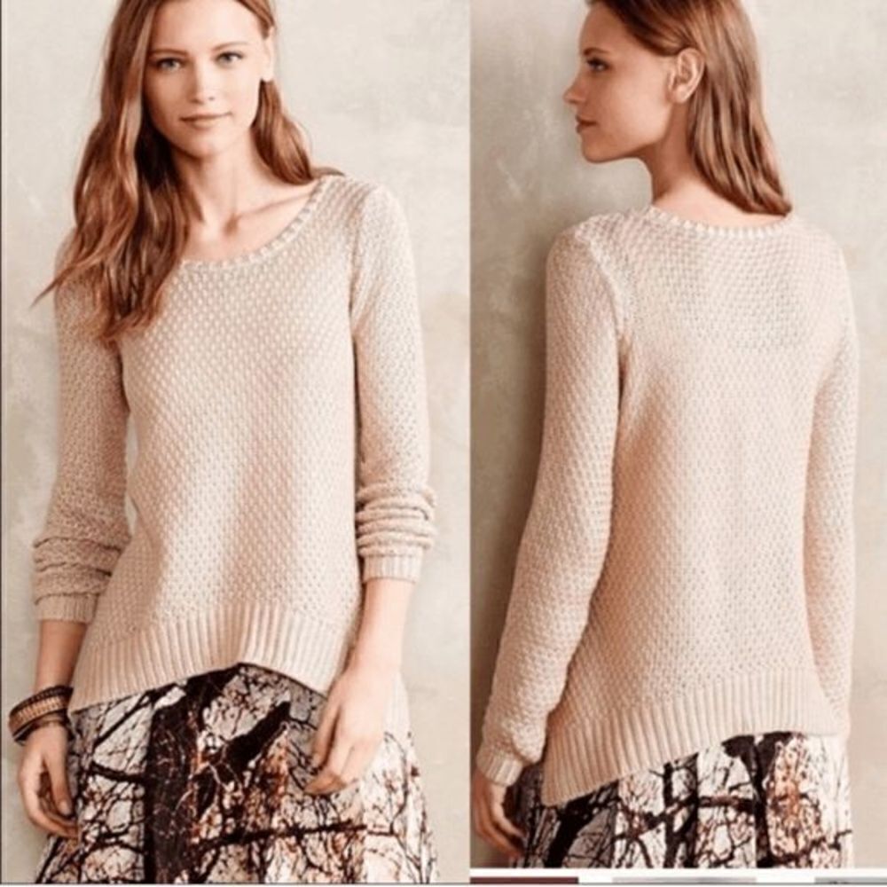 ANTHROPOLOGIE Moth Sweater Woman's Size Large‎ Tan Shark Bite Hem Long Sleeve